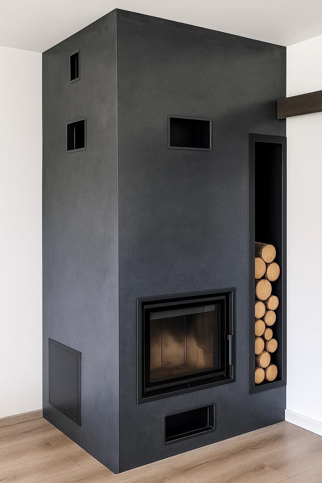 Šedá dekorativní stěrka u krbu