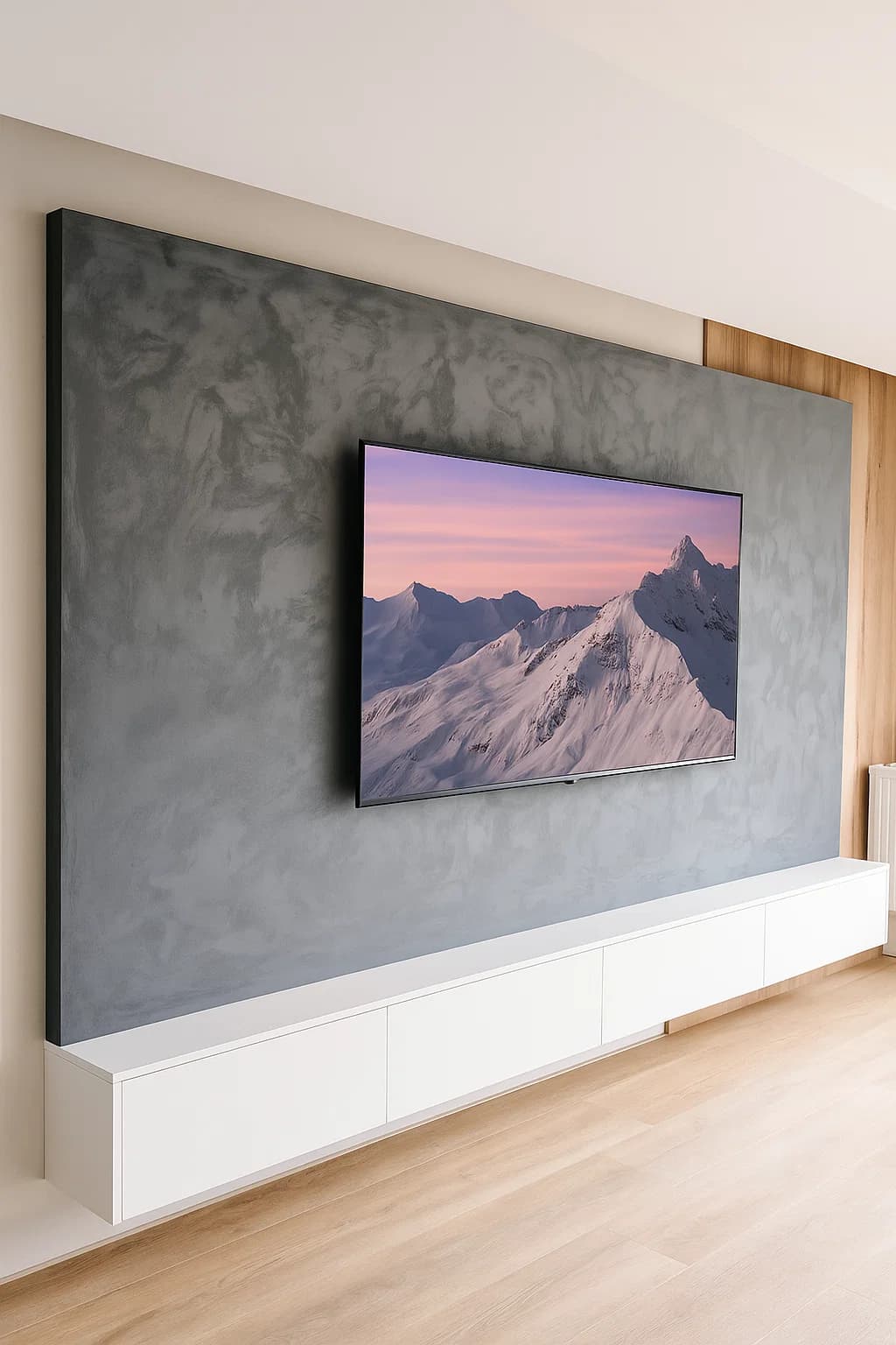 Šedá stěrka v obývacím pokoji s televizí